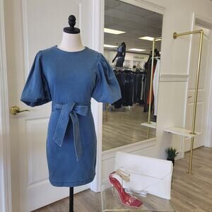 Puff Sleeve Denim Dress with Belt
